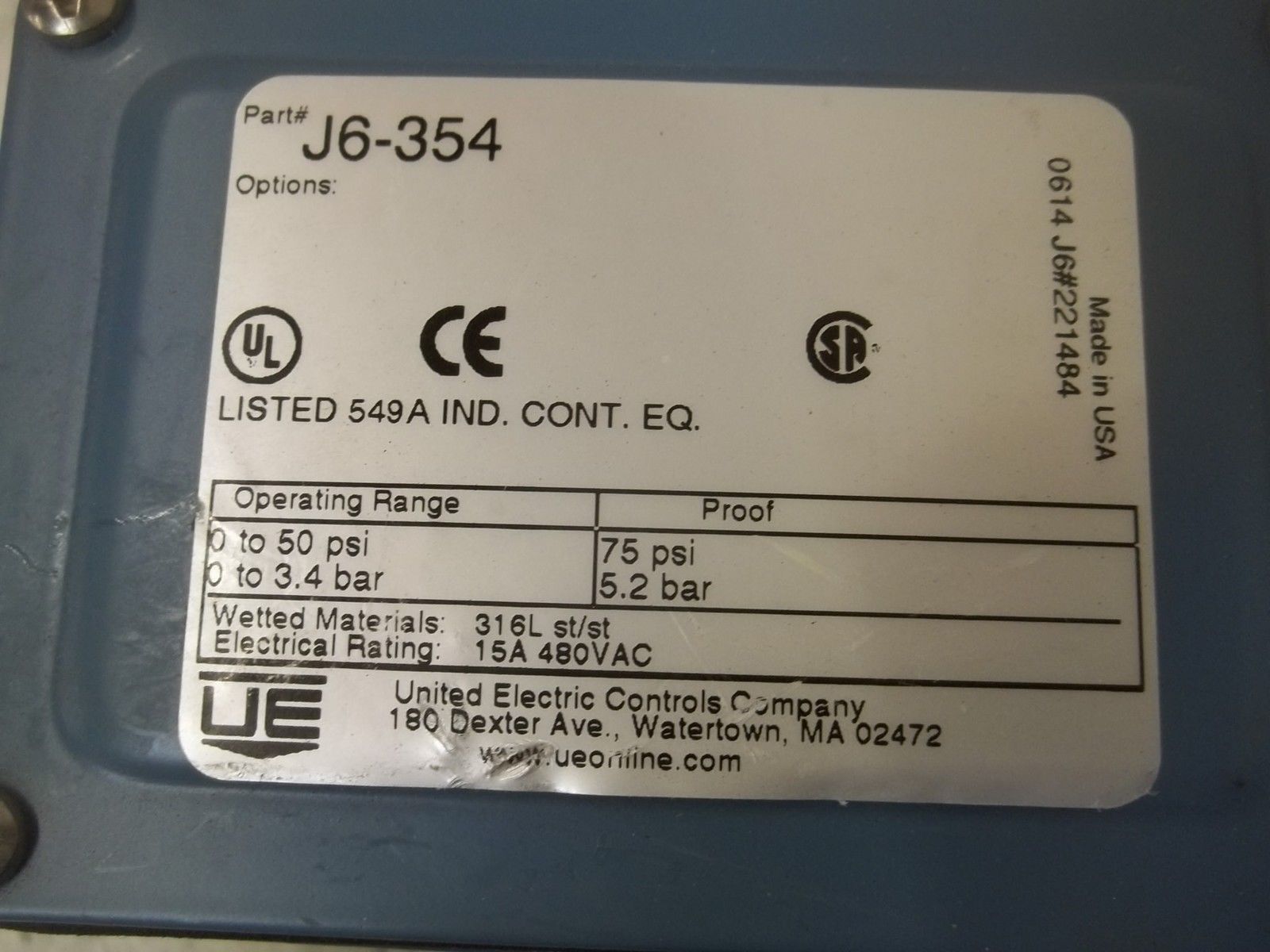 UNITED ELECTRIC J6-354 PRESSURE SWITCH NSNP
