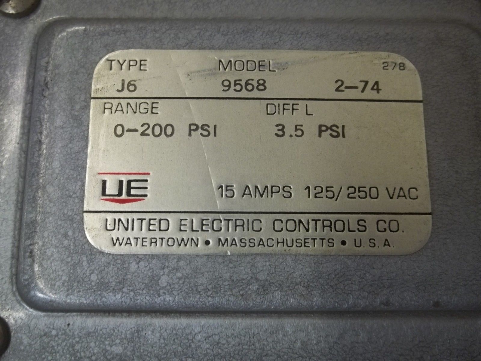 UNITED ELECTRIC J6-9568 PRESSURE SWITCH UNMP