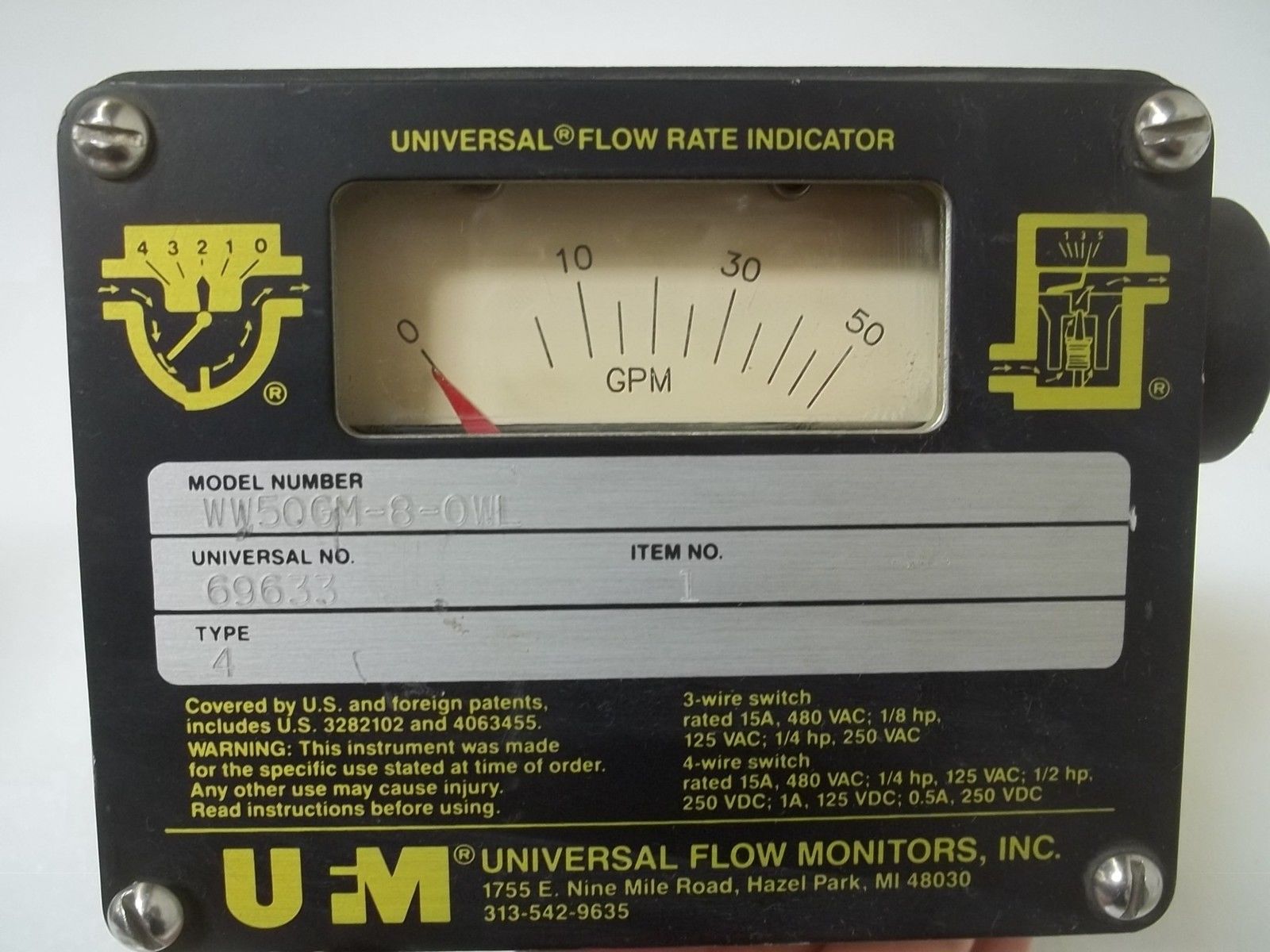 UNIVERSAL FLOW MONITORS, INC. WW50GM-8-0WL FLOW RATE INDICATOR UNMP