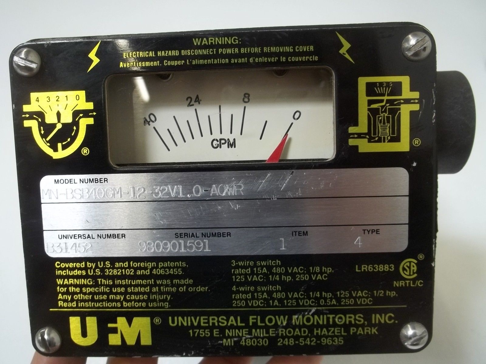 UNIVERSAL MONITOR INC. MN-BSB40GM-12-32V1.0-A0WR FLOWMETER UNMP