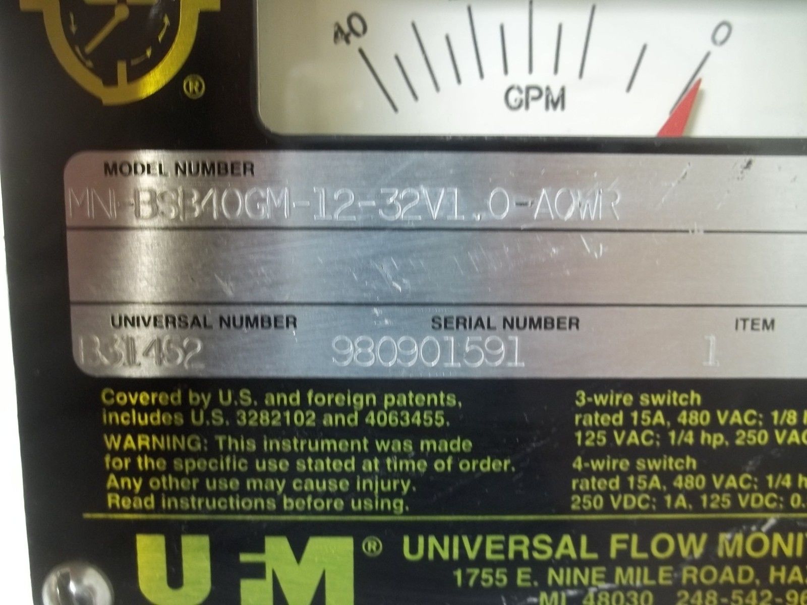 UNIVERSAL MONITOR INC. MN-BSB40GM-12-32V1.0-A0WR FLOWMETER UNMP