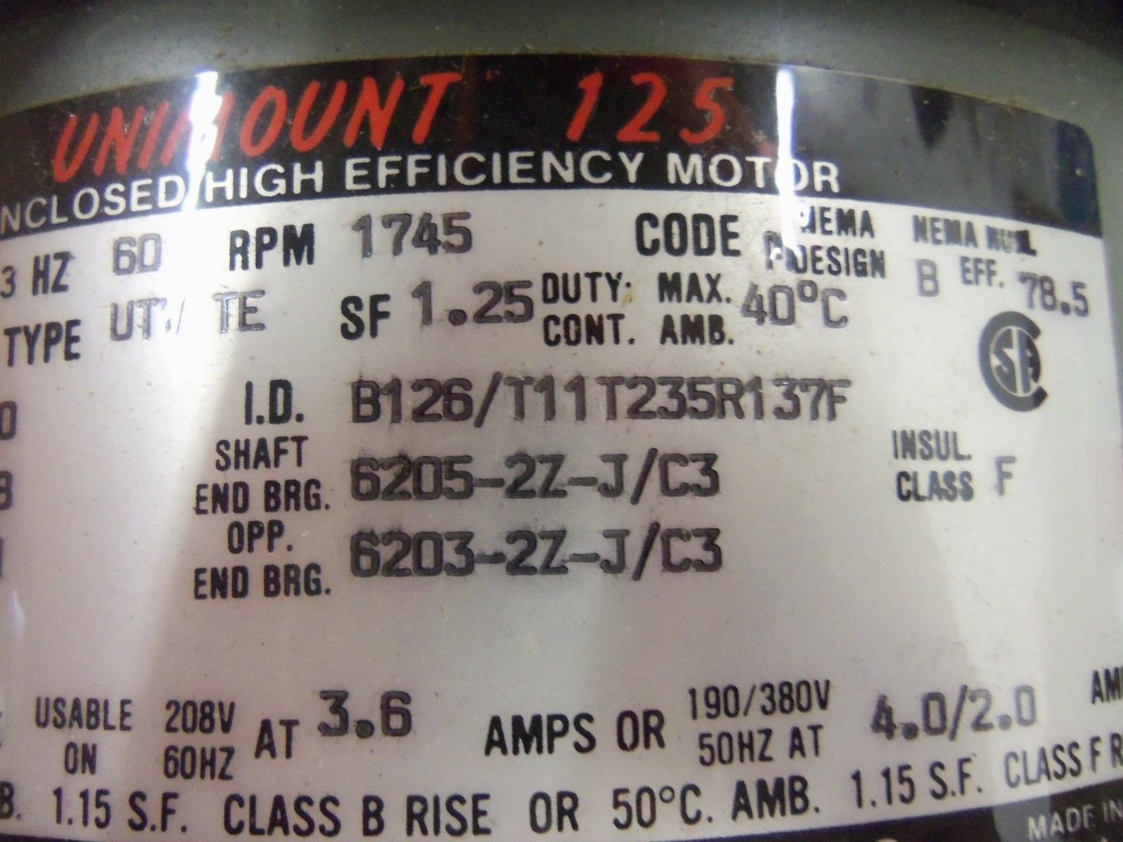 US ELECTRICAL MOTORS UNIMOUNT 12S B126/T11T235E137F MOTOR 1 HP 1745 RPM UNMP