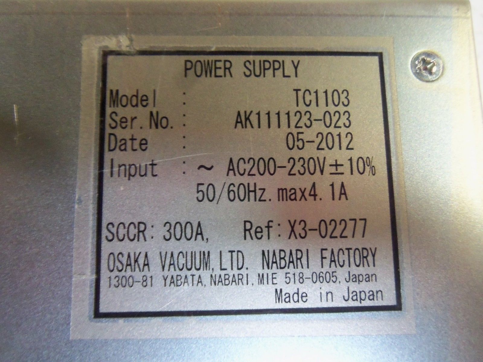 OSAKA VACUUM TC1103 POWER SUPPLY NSMP