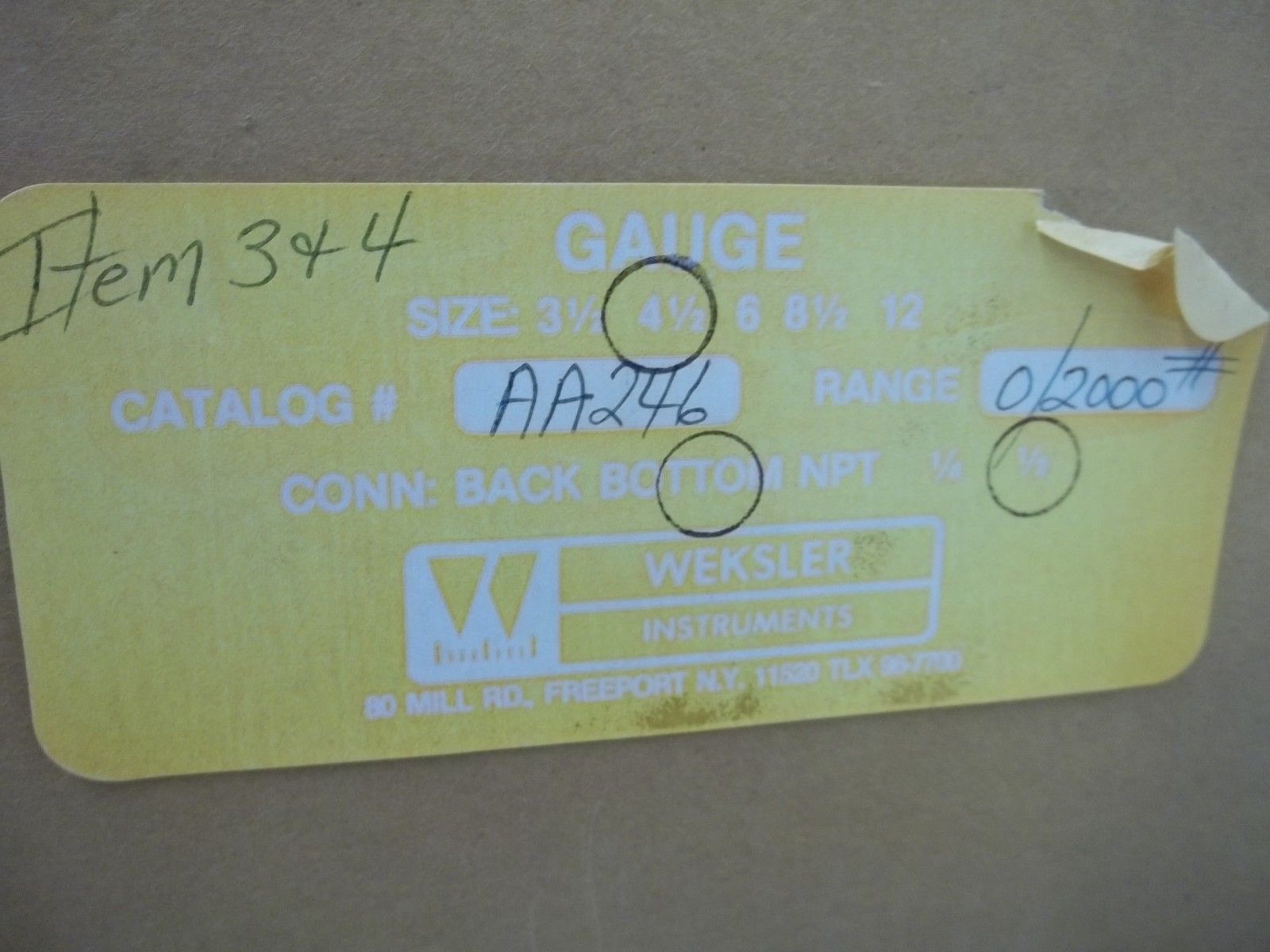 WEKSLER AA246 GAUGE 0-2000 PSI UNMP