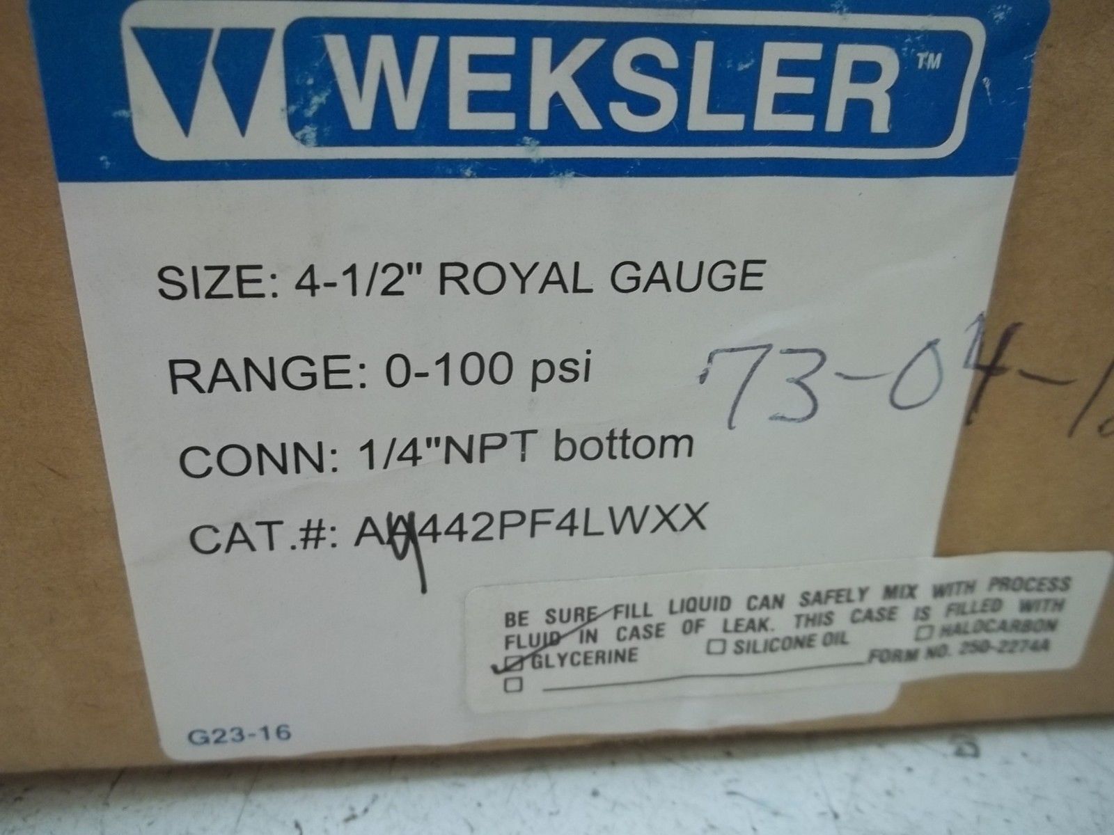 WEKSLER AY442PF4LWXX ROYAL GAUGE 0-100PSI NSMP