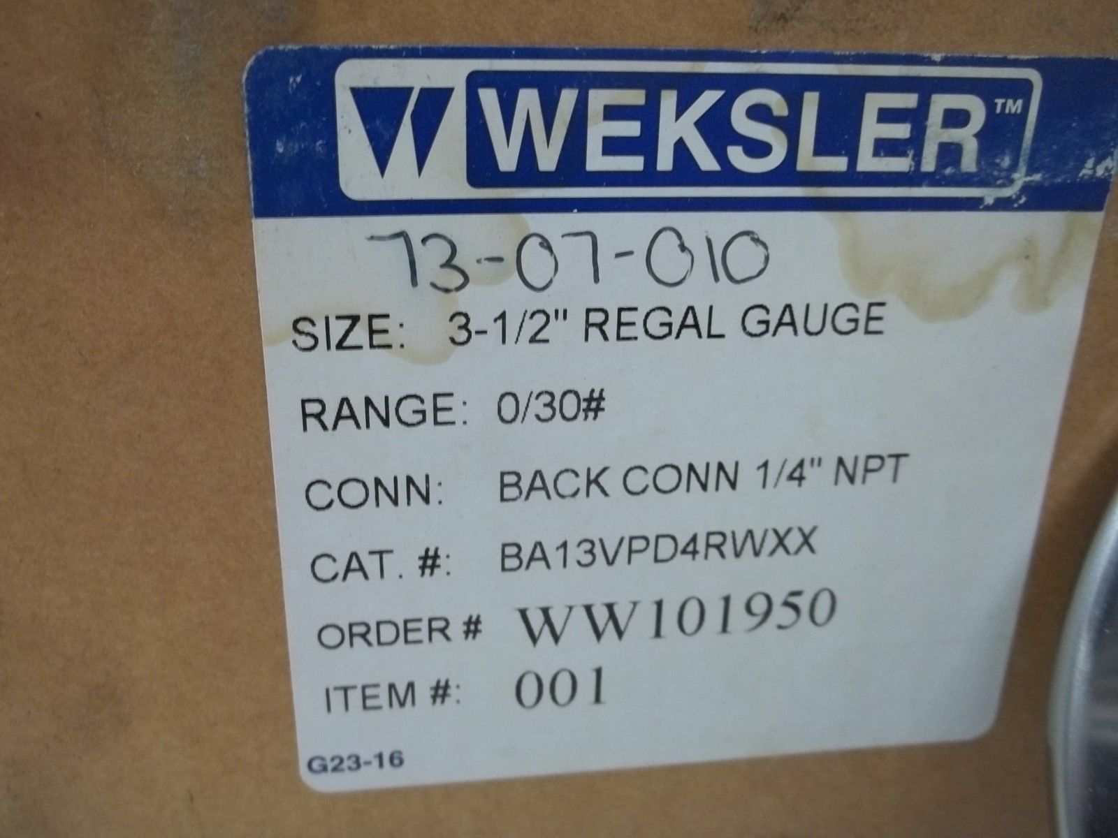 WEKSLER BA13VPD4RWXX 3-1/2" REGAL GAUGE RANGE:0/30# NSMP