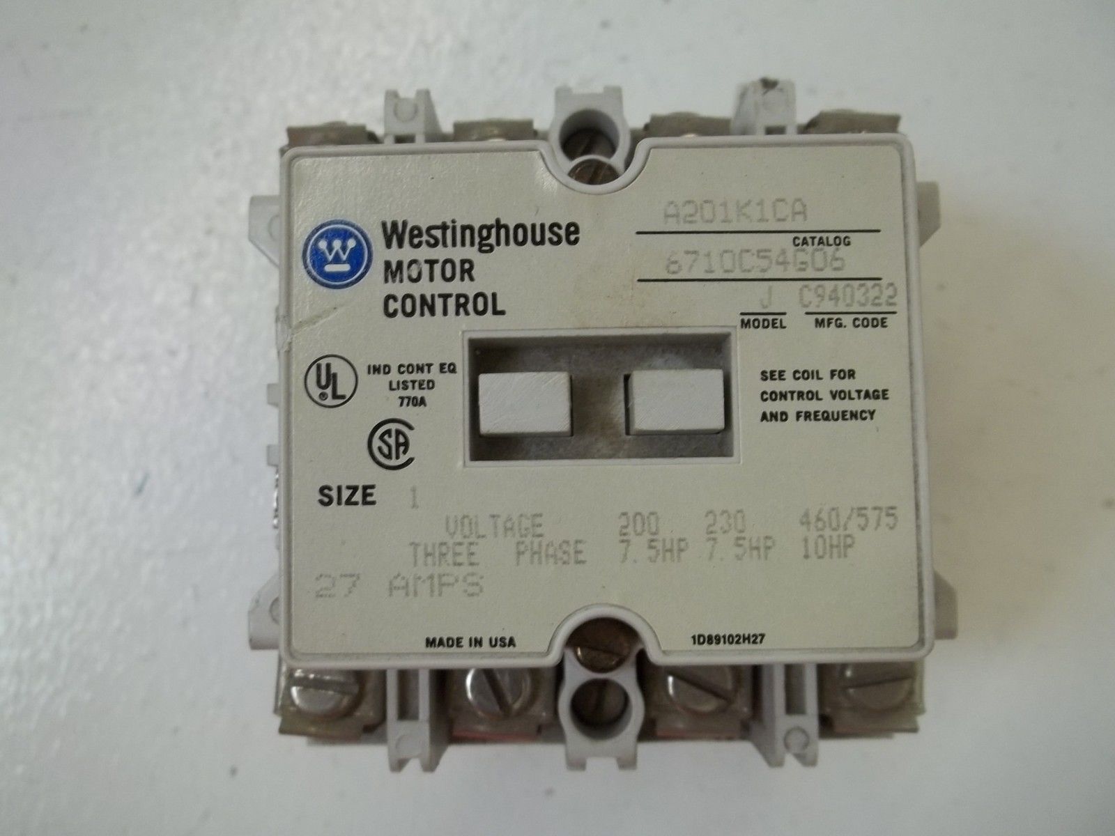 WESTINGHOUSE A201K1CA MODEL J MOTOR CONTROL STARTER SIZE 1  120V, 27AMPS UNMP