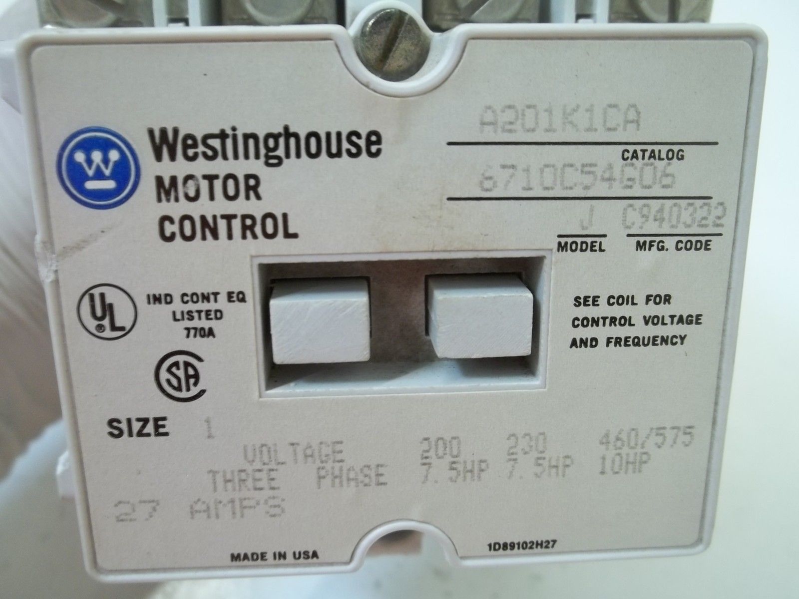 WESTINGHOUSE A201K1CA MODEL J MOTOR CONTROL STARTER SIZE 1  120V, 27AMPS UNMP