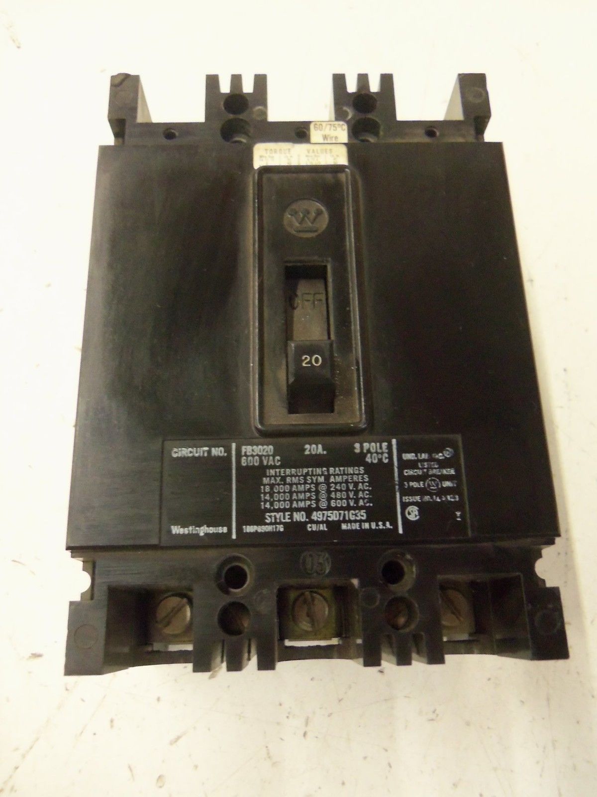 WESTINGHOUSE CIRCUIT BREAKER FB3020 UNMP