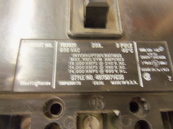 WESTINGHOUSE CIRCUIT BREAKER FB3020 UNMP