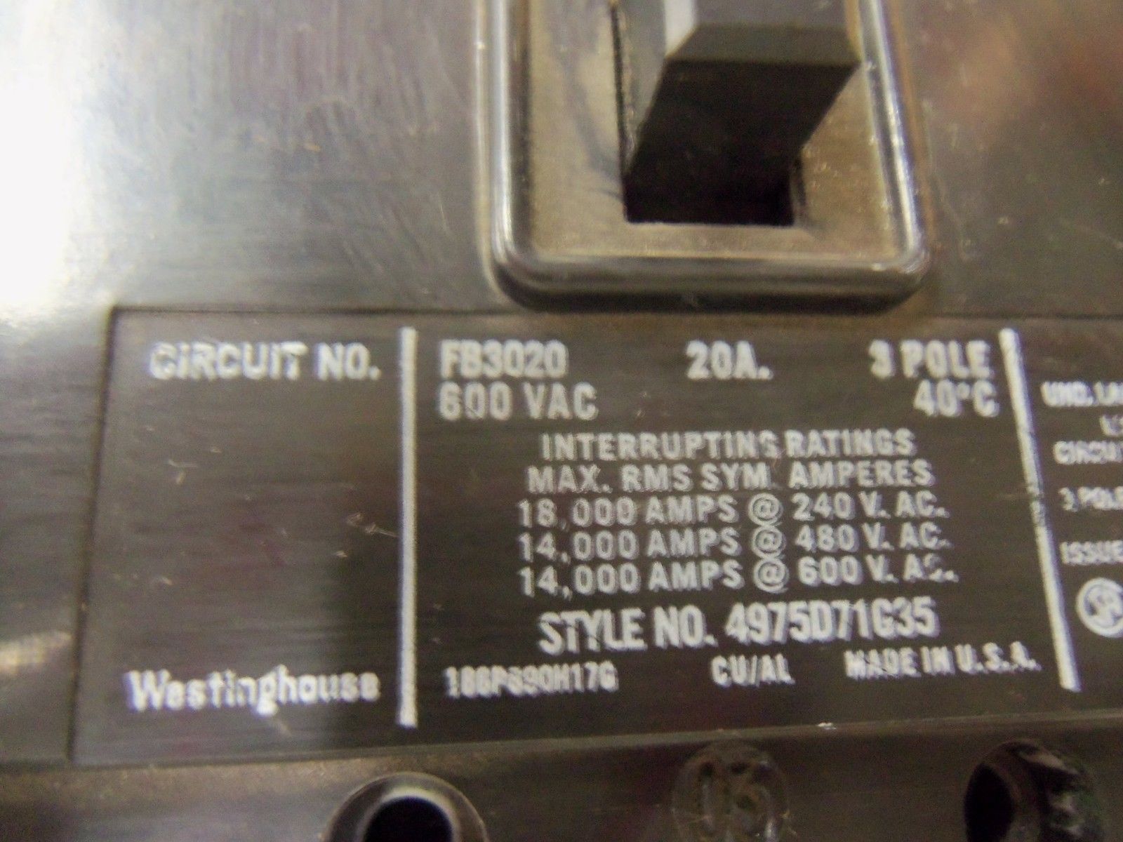 WESTINGHOUSE CIRCUIT BREAKER FB3020 UNMP