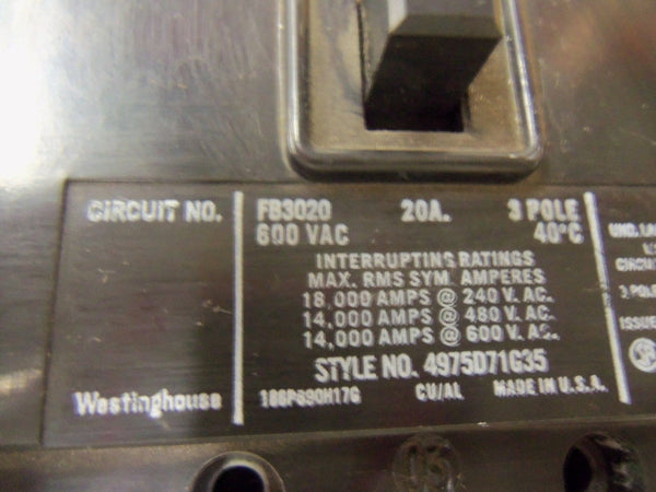 WESTINGHOUSE CIRCUIT BREAKER FB3020 UNMP