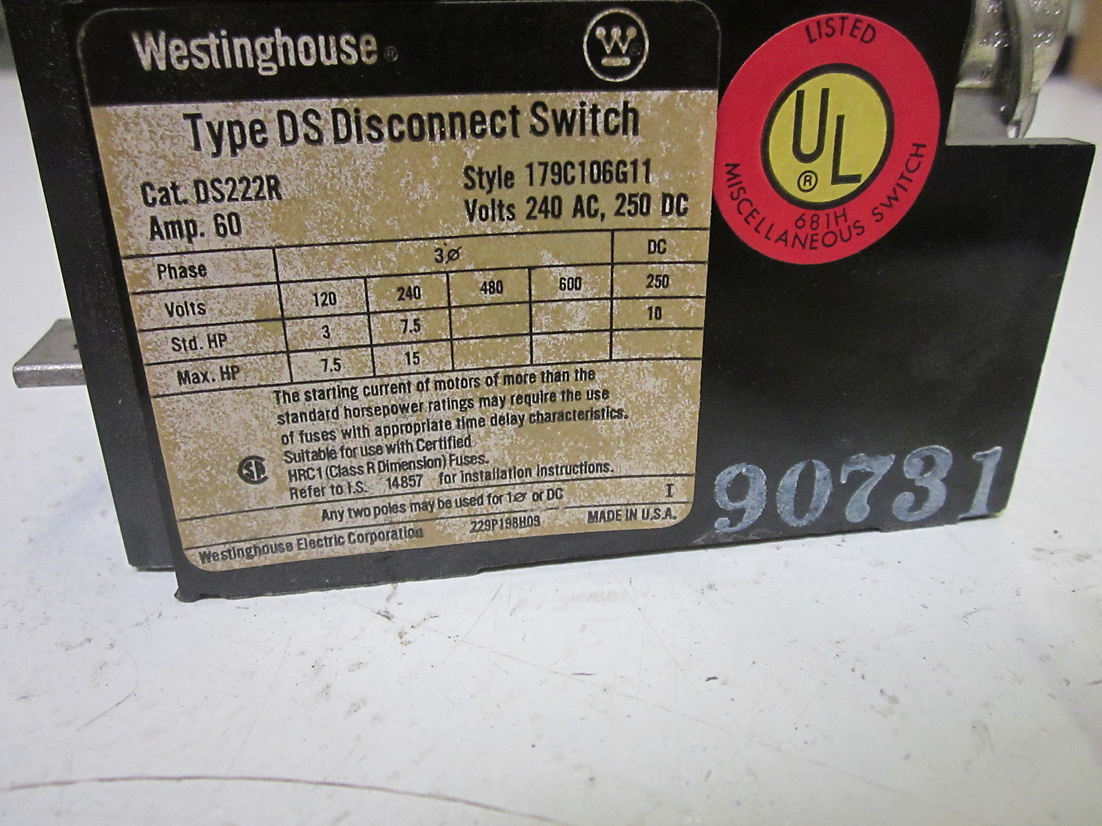 WESTINGHOUSE DS222R DISCONNECT SWITCH 240VAC UNMP