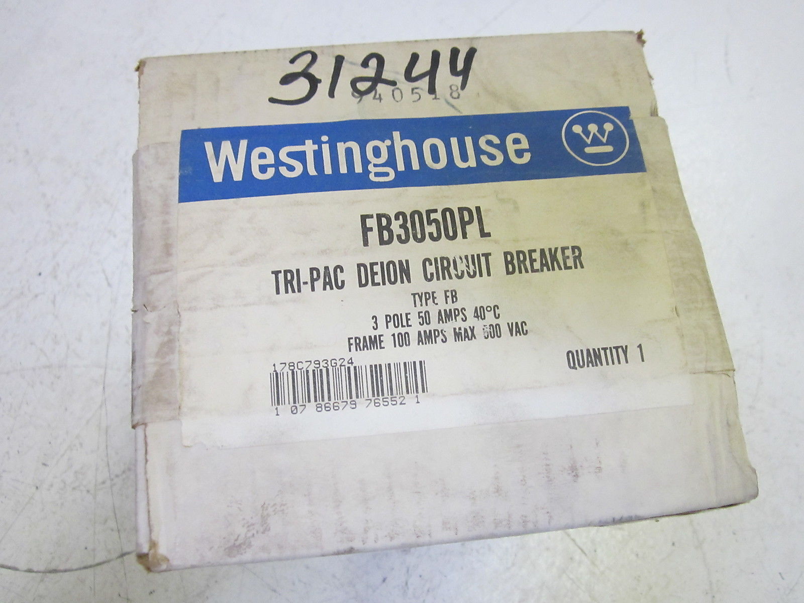 WESTINGHOUSE FB3050PL TRI-PAC DEION CIRCUIT BREAKER 3P 50A NSFS