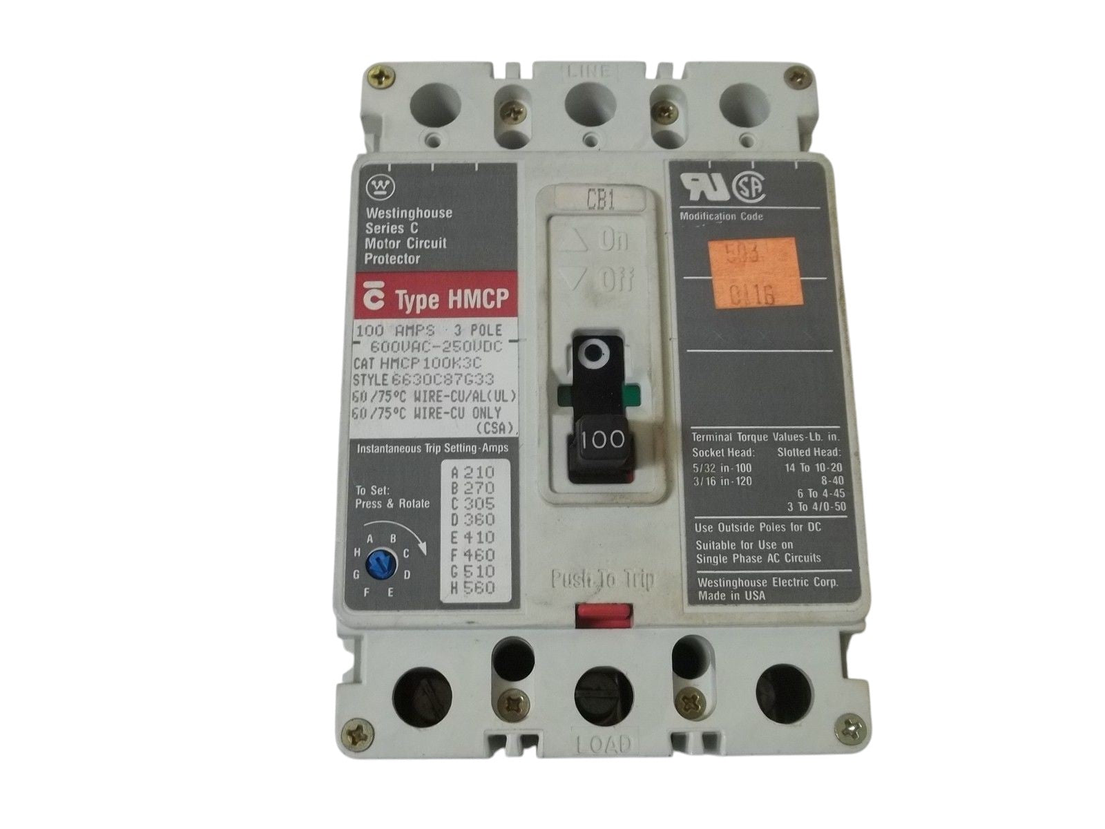 WESTINGHOUSE HMCP100K3C MOTOR CIRCUIT PROTECTOR UNMP