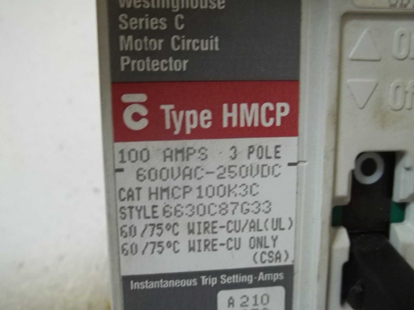 WESTINGHOUSE HMCP100K3C MOTOR CIRCUIT PROTECTOR UNMP