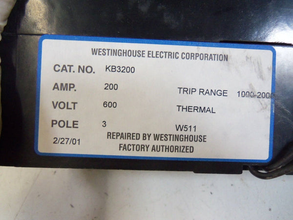 WESTINGHOUSE KB3200 CIRCUIT BREAKER 200A w/ AUX & UV-RELEASE (UNMP) UNMP
