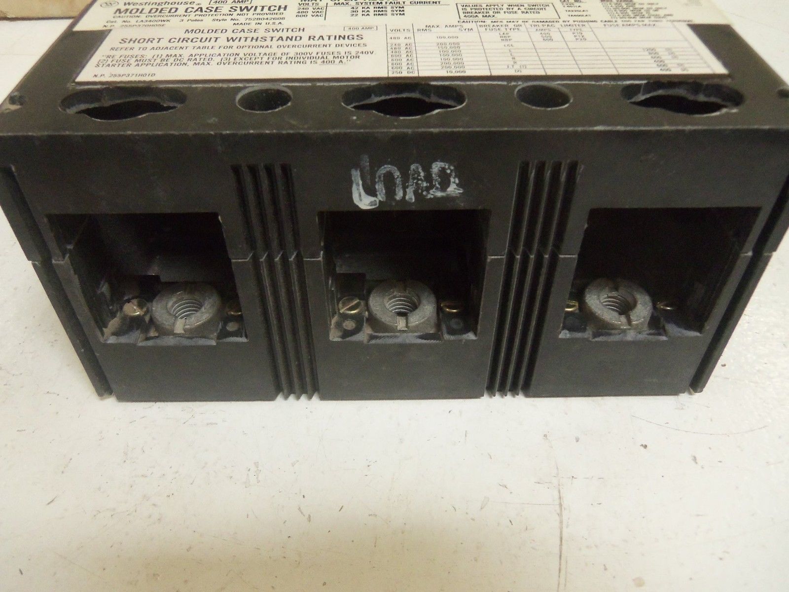 WESTINGHOUSE LA3400WK MOLDED CASE SWITCH 400A NSMP
