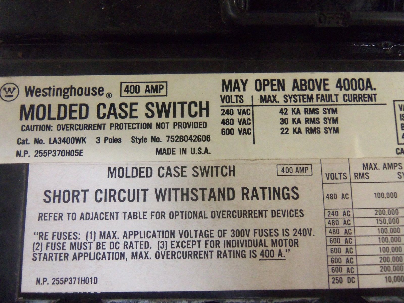 WESTINGHOUSE LA3400WK MOLDED CASE SWITCH 400A NSMP