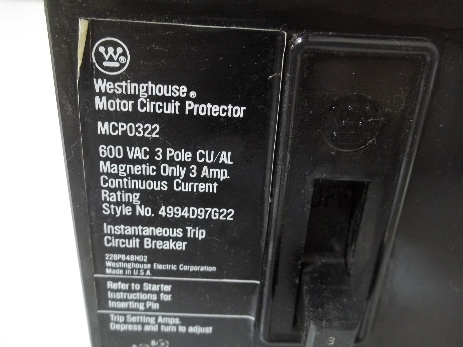 WESTINGHOUSE MCP0322 MOTOR CIRCUIT BREAKER PROTECTOR UNMP