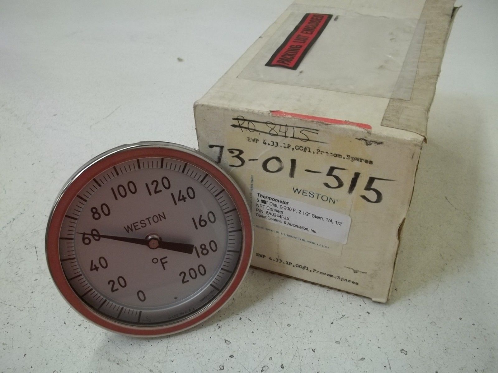 WESTON 5A0244FJX 5" DIAL, 0-200F, 2-1/2" STEM UNMP