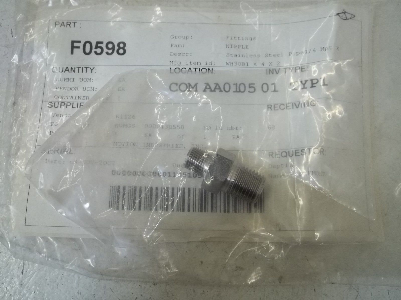 WH3081 X 4 X 2 STAINLESS STEEL PIPE 1/4" MPT XNSNP