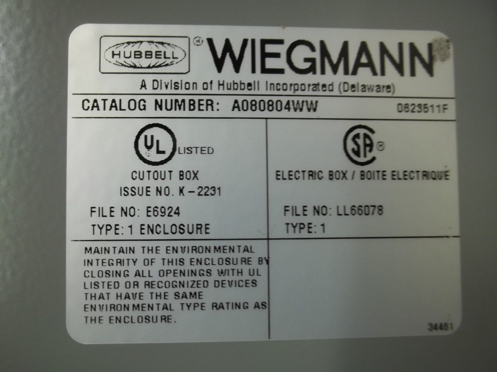WIEGMANN A080804WW ENCLOSURE NSNP OUT OF A  BOX