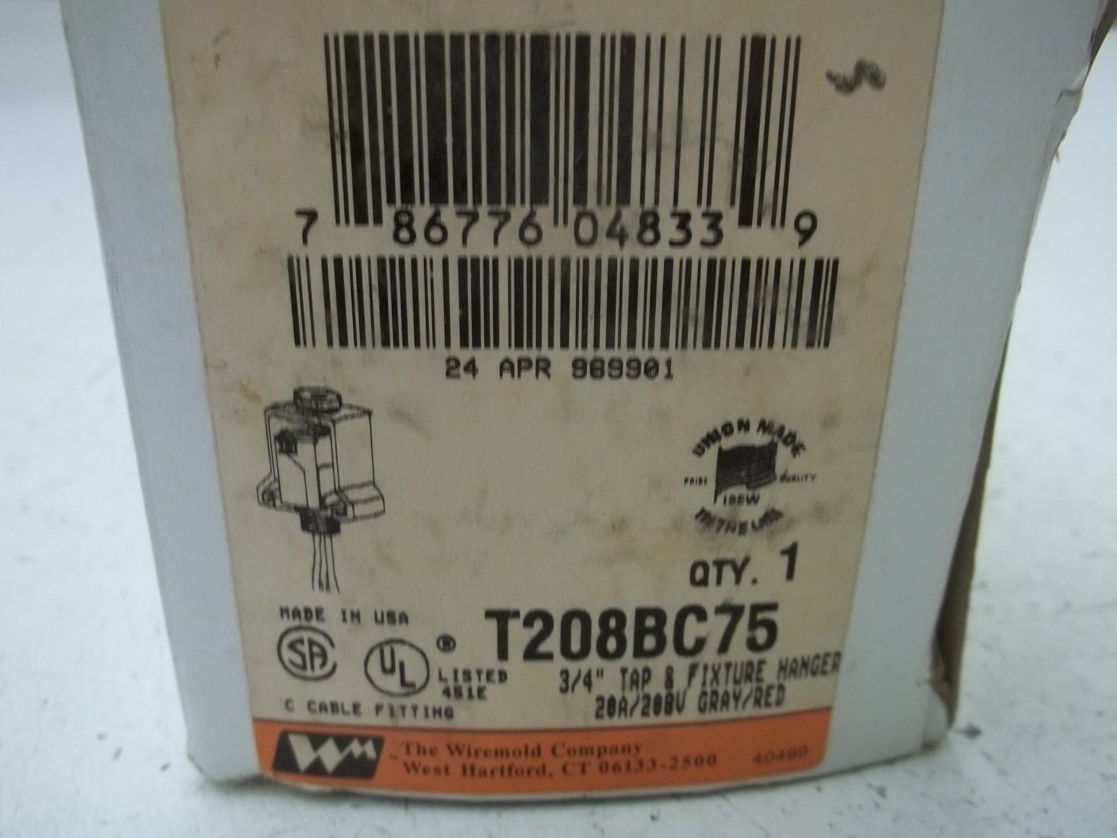WIREMOLD T208BC75 3/4" TAP & FIXTURE HANGER 20A/208V GRAY/REDNSMP