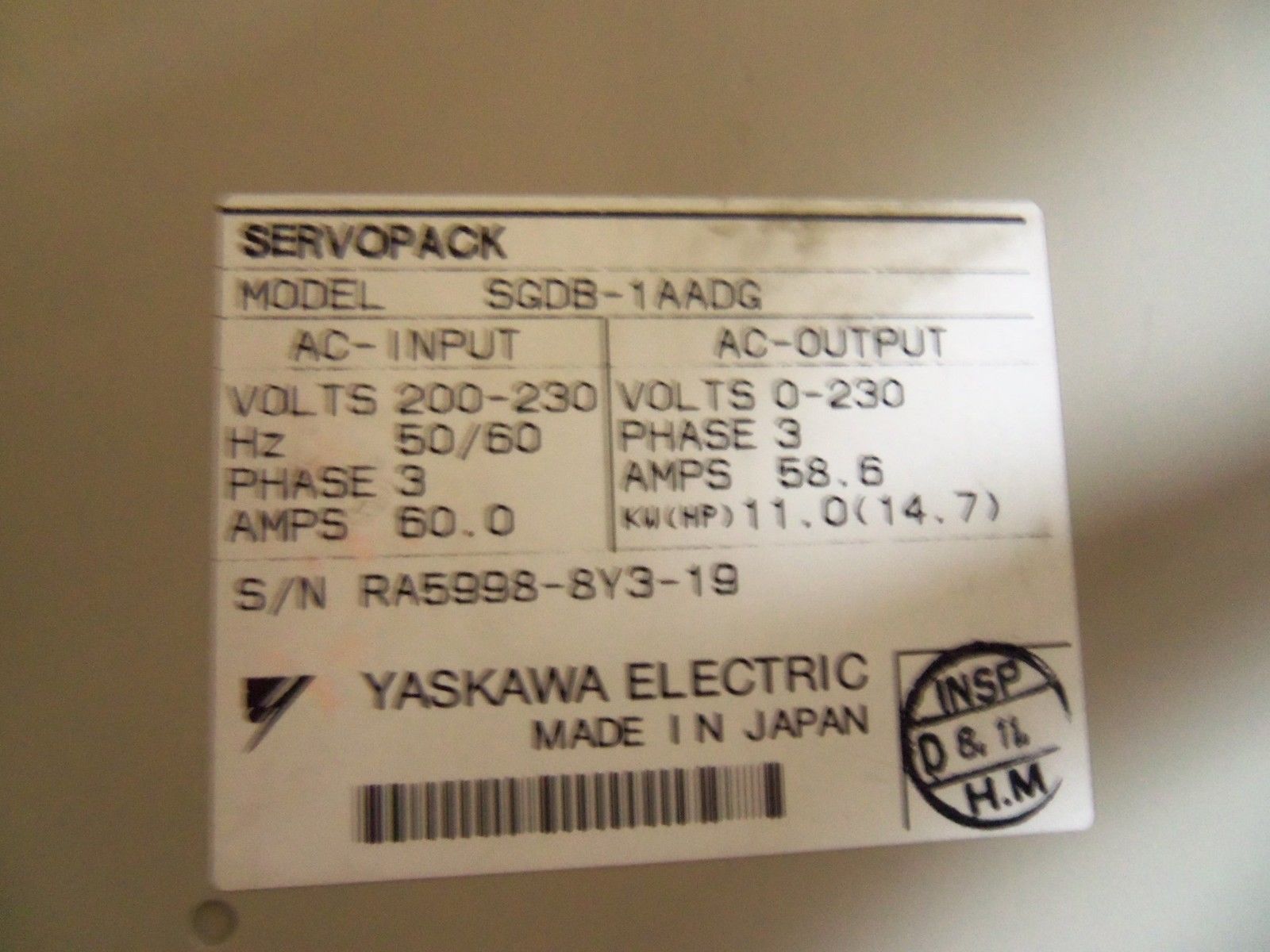 YASKAWA SERVOPACK SGDB-1AADG SERVO DRIVE NSNP