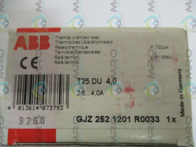 ABB T25DU4.0 GJZ2521201R0033 THERMAL OVERLOAD RELAY 2.8-4.0A *NEW IN BOX*