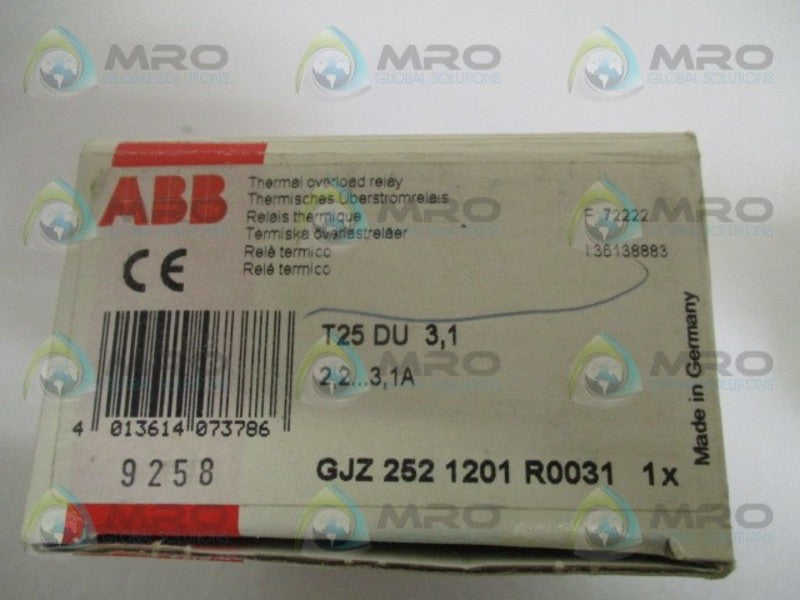 ABB T25DU3.1 GJZ2521201R0031 THERMAL OVERLOAD RELAY 2.2-3.1A *NEW IN BOX*