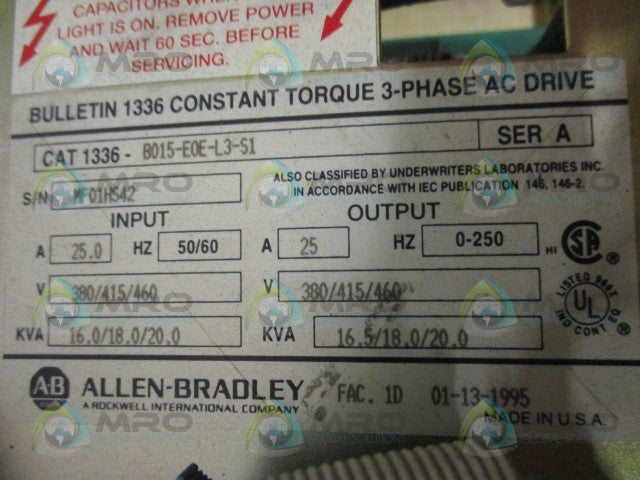 ALLEN BRADLEY 1336-B015-EOE-L3-S1 SER. A AC DRIVE *USED*