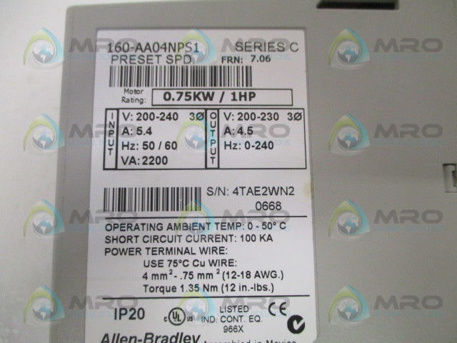 ALLEN BRADLEY 160-AA04NPS1 SER. C F/W 7.06 SPEED CONTROLLER *NEW IN BOX*