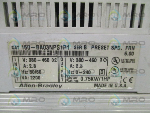 ALLEN BRADLEY 160-BA03NPS1P1 SER. B F/W 6.00 SPEED CONTROLLER *USED*