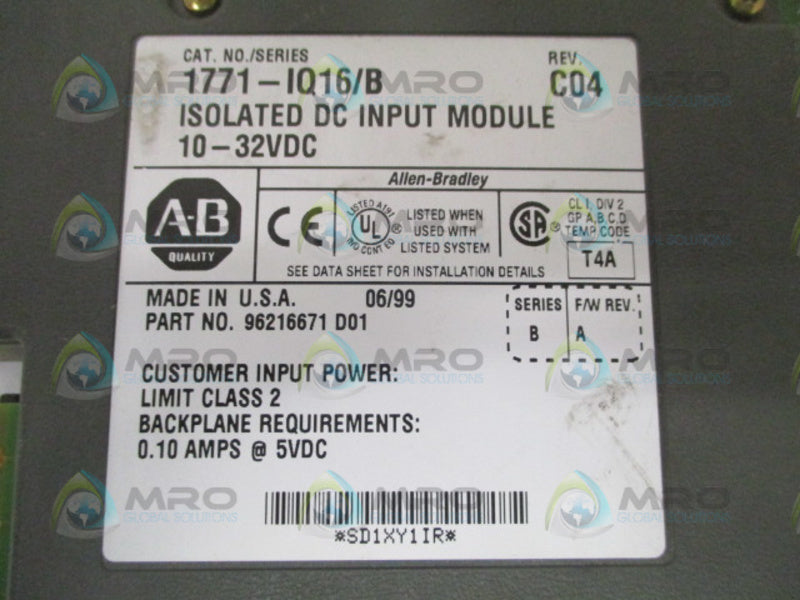 ALLEN BRADLEY 1771-IQ16 SER. B F/W A SELECTABLE INPUT MODULE *USED*