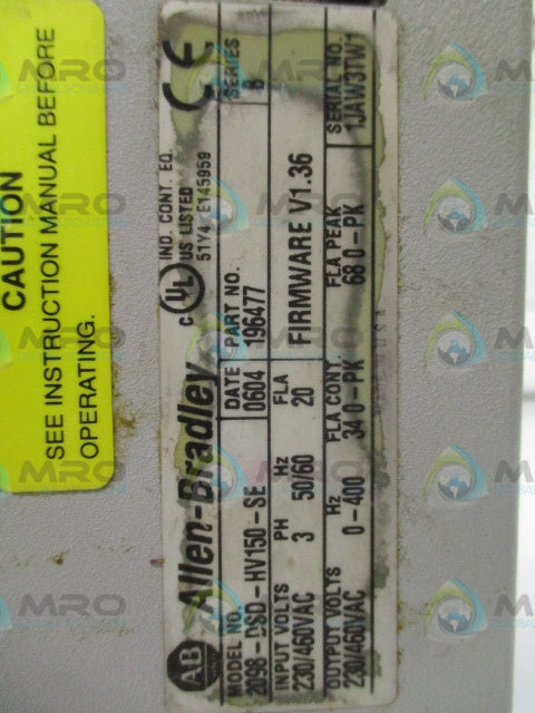 ALLEN BRADLEY ULTRA3000 2098-DSD-HV150-SE SER. B F/W V1.36 SERVO DRIVE *USED*