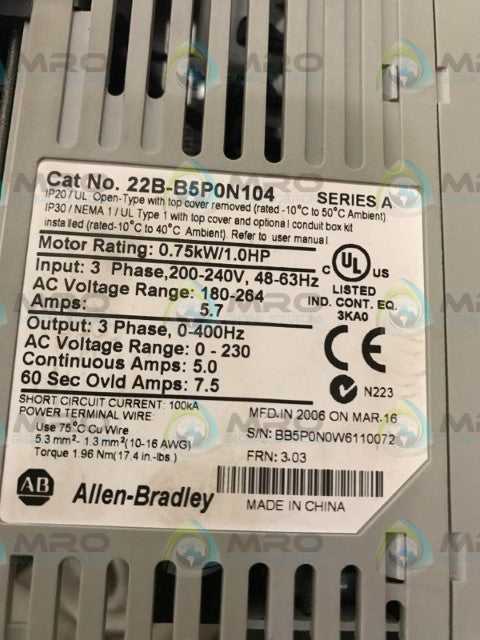 ALLEN BRADLEY POWERFLEX 40 22B-B5P0N104 SER. A F/W 3.03 (AS PICTURED) *USED*