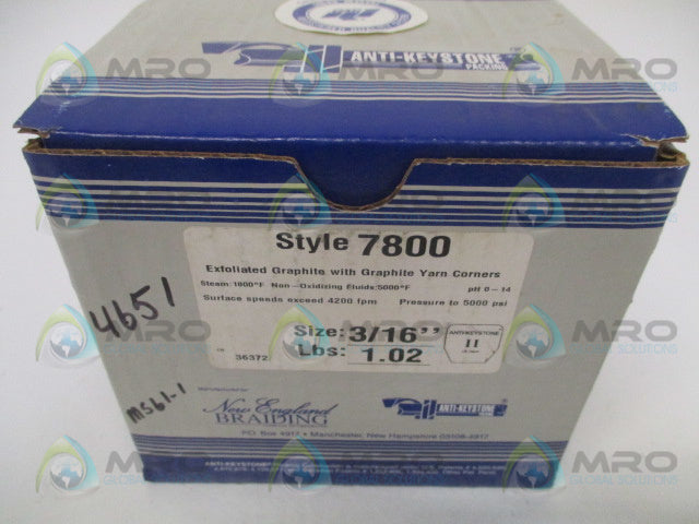 ANTI-KEYSTONE 7800 BRAIDED GRAPHITE PACKING SIZE: 3/16" LBS: 1.02 *NEW IN BOX*