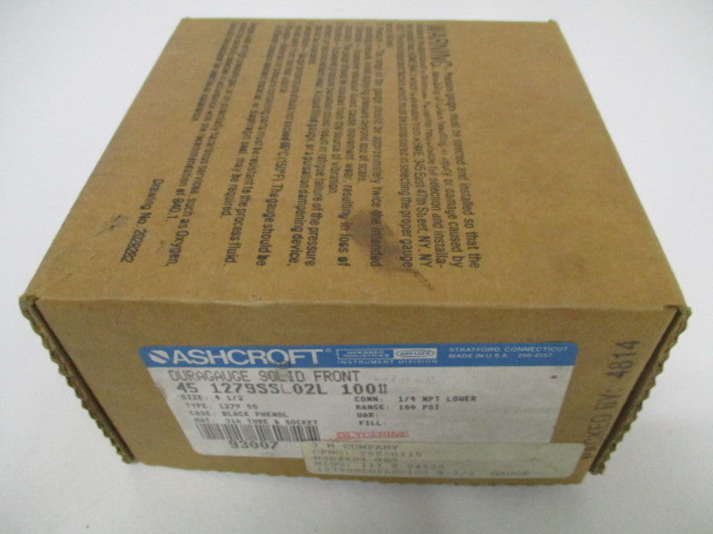 ASHCROFT 451279SSL02L-100# PRESSURE GAUGE 0-100PSI *NEW IN BOX*