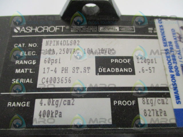 ASHCROFT NPIN4DLS02 PRESSURE SWITCH 60PSI (REPAIRED) *USED*
