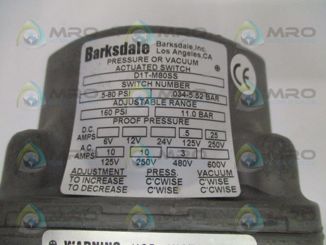 BARKSDALE D1T-M80SS PRESSURE VACUUM ACTUATED SWITCH .5-80 PSI *NEW NO BOX*