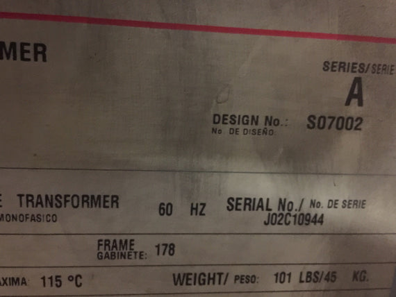 CUTLER-HAMMER S20N11S01N S07002 DRY TYPE TRANSFORMER 7.5 KVA *USED*