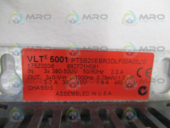 DANFOSS VLT5001 PT5B20EBR3DLF00A00C0 DRIVE ASSEMLBY 380-500V 2.3A *USED*