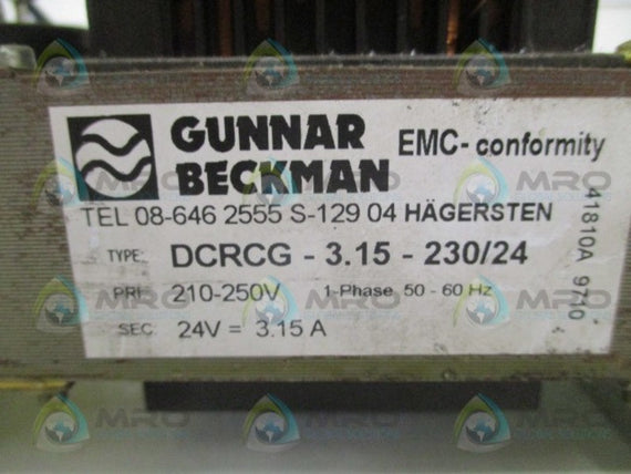 GUNNAR BECKMAN DCRCG-3.15-230/24 TRANSFORMER 210-250V *USED*