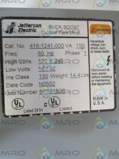 JEFFERSON ELECTRIC 416-1241-000 TRANSFORMER (AS PICTURED) *NEW NO BOX*