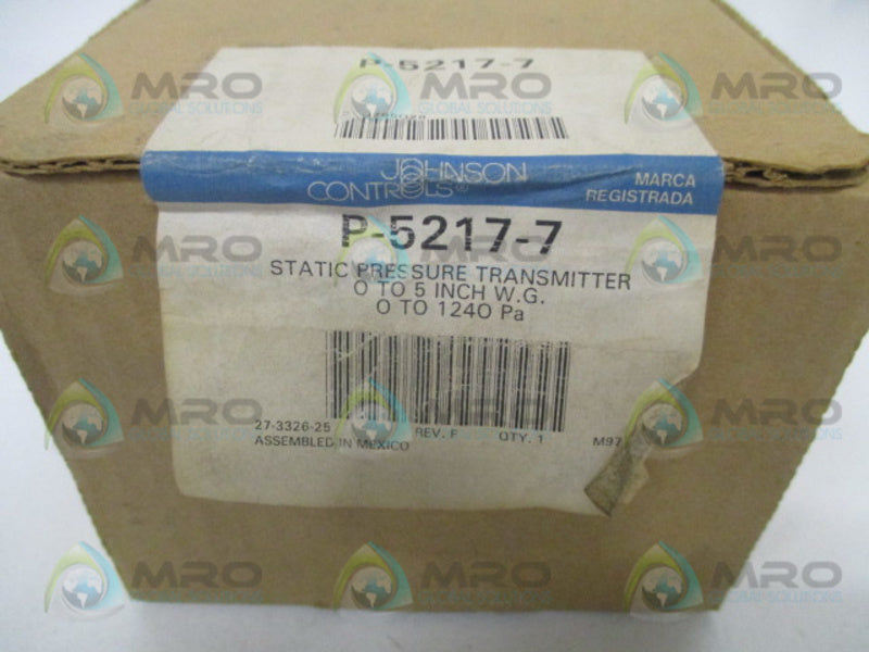 JOHNSON CONTROLS  P-5217-7 STATIC PRESSURE TRANSMITTER 0/5 IN. W.C. *NEW IN BOX*