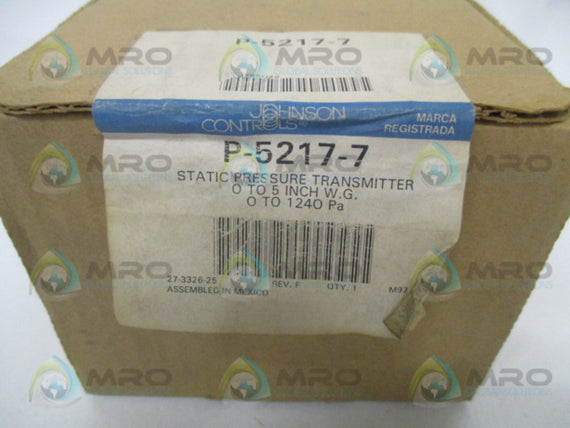 JOHNSON CONTROLS  P-5217-7 STATIC PRESSURE TRANSMITTER 0/5 IN. W.C. *NEW IN BOX*