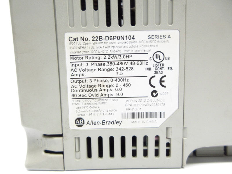 ALLEN BRADLEY 22B-D6P0N104 SER. A F/W 6.01 380-480V 7.5A UNMP