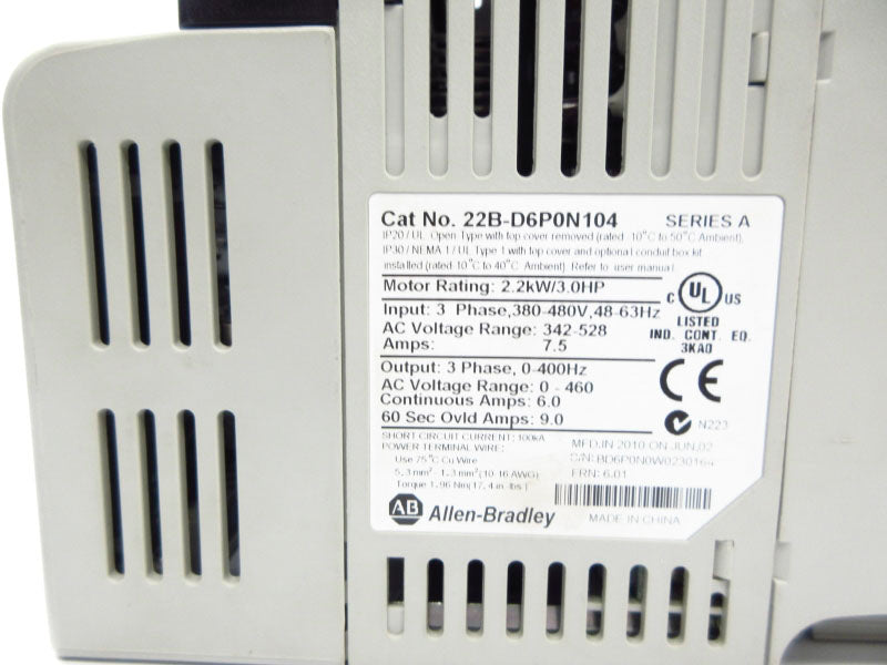 ALLEN BRADLEY 22B-D6P0N104 315361-A01 SER. A F/W 6.01 380-480V 7.5A UNMP