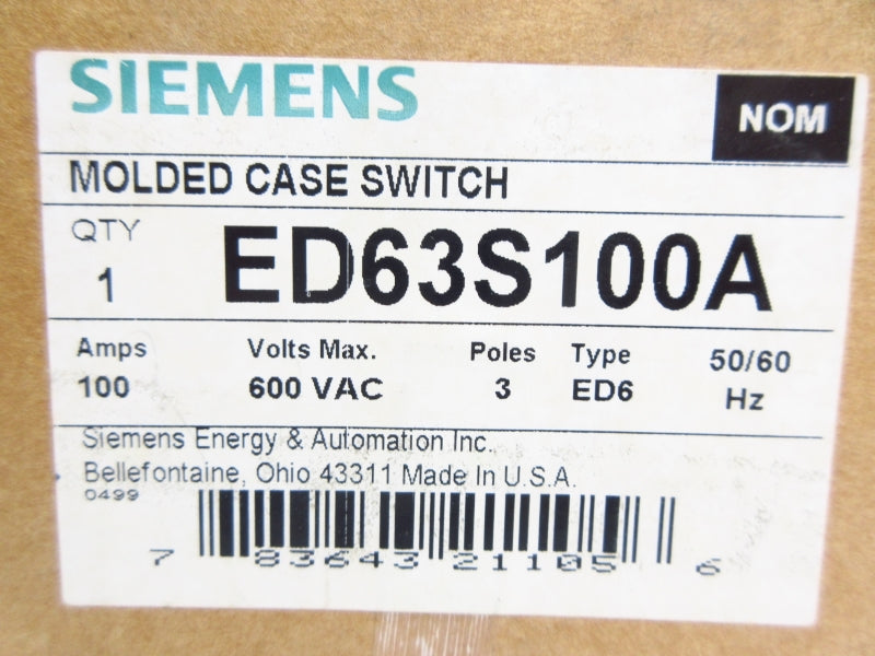 SIEMENS ED63S100A 600VAC 100A NSMP